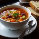 Minestrone alla genovese servito in una ciotola, ricco di verdure fresche e profumatissimo.